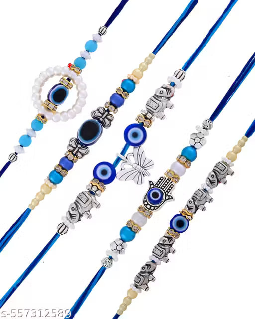 Set Of 5 Rakhi For Brothers, Bhabhi, Kids And Adults Handcrafted Designe Rakhi For Bhai With Fridge Magnet Best Gift Hamper | Beautiful Designer Set of 5 Evil Eye Rakhi for Brother hustle basket