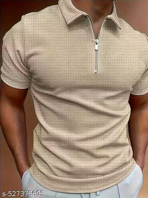 Latest Men's Collar with zip t-shirt | Trendy popcorn t-shirt with collar and zip | Round neck half sleeves t-shirt for men | hustle basket