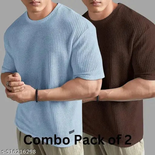 Men's Oversized Waffle Knit T-Shirt Combo Pack of 2 | Popcorn Textured Cotton Blend Tees | Trendy Loose Fit Combo for Casual Wear | Stylish, Breathable & Lightweight Fabric | Best Combo Offer for Everyday Fashion hustle basket