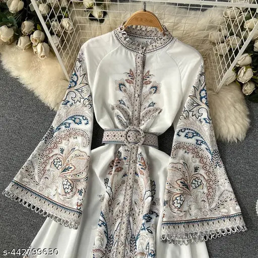 Women Retro Print Long Robe Women Round Neck Flare Sleeve Elegant Dresses Single Breasted Irregular Pleated Maxi Dress hustle basket