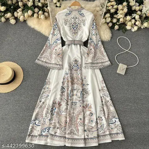 Women Retro Print Long Robe Women Round Neck Flare Sleeve Elegant Dresses Single Breasted Irregular Pleated Maxi Dress hustle basket