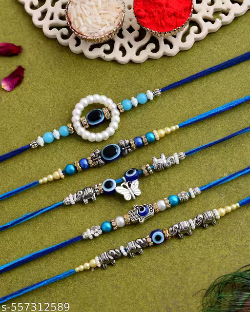Set Of 5 Rakhi For Brothers, Bhabhi, Kids And Adults Handcrafted Designe Rakhi For Bhai With Fridge Magnet Best Gift Hamper | Beautiful Designer Set of 5 Evil Eye Rakhi for Brother hustle basket