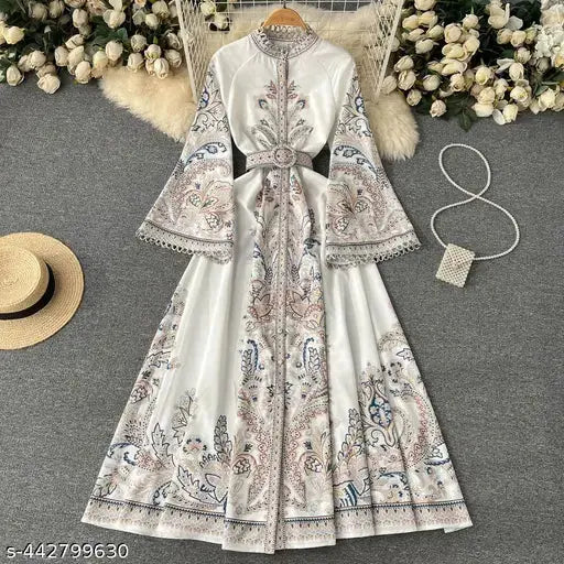 Women Retro Print Long Robe Women Round Neck Flare Sleeve Elegant Dresses Single Breasted Irregular Pleated Maxi Dress hustle basket